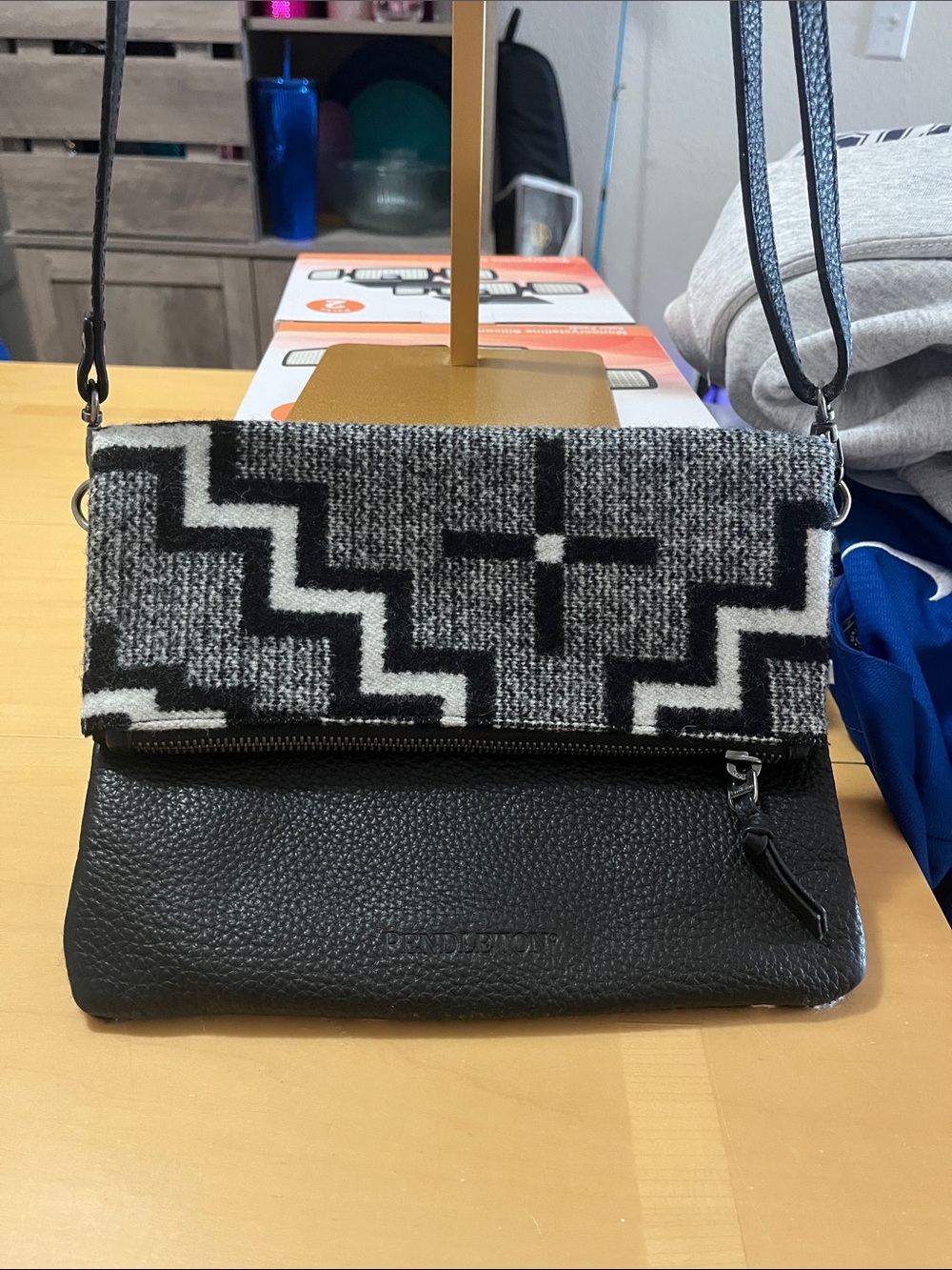 Pendleton Black and Gray Wool-Trim Leather Crossbody